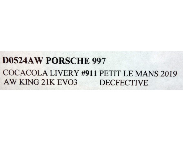 PORSCHE 997 COCA COLA LIVERY Nº911 PETIT LE MANS 2019 AW KING 21K EVO3 DECFECTIVE  REF.D0524AW NSR