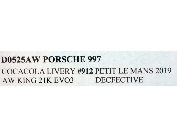 PORSCHE 997 COCA COLA LIVERY Nº912 PETIT LE MANS 2019 AW KING 21K EVO3 DECFECTIVE  REF.D0525AW NSR